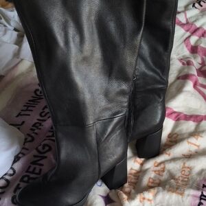 Naturalizer Black Leather Mid-Calf Block Heel Boots